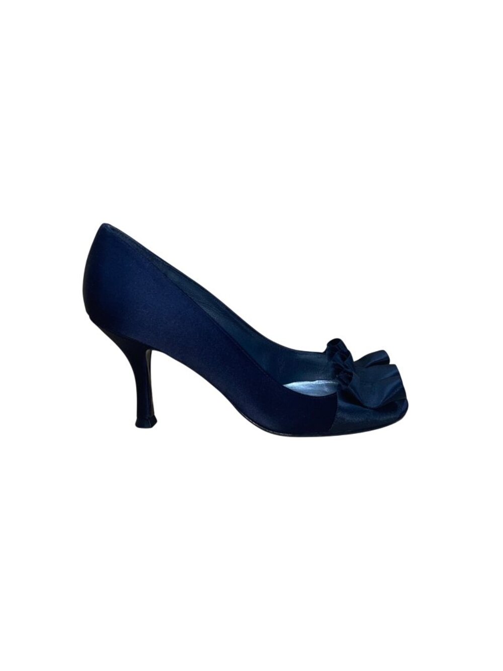 Stuart Weitzman Women’s Black Satin With Pleated Bow Peep Toe Heels Size 7M
